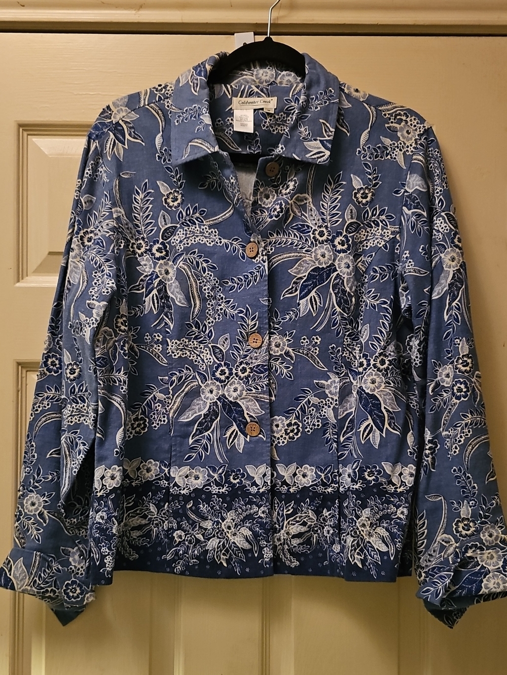 Coldwater Creek Blue Floral Button-Front Jean Jacket